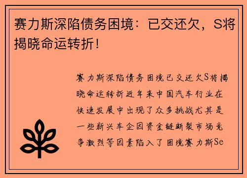 赛力斯深陷债务困境：已交还欠，S将揭晓命运转折！